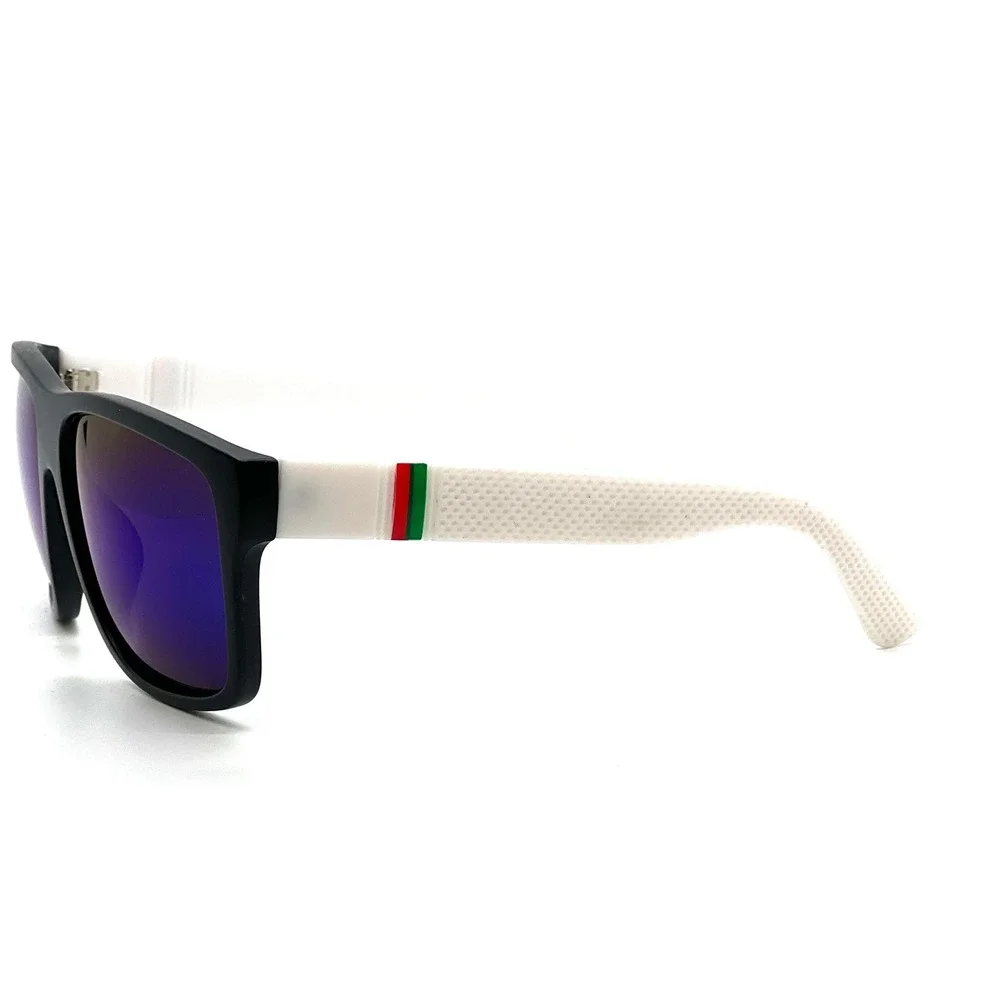 Women Black Frame Blue Mirror Lens Sunglasses Sporty Stripe Accents Lentes Gafas